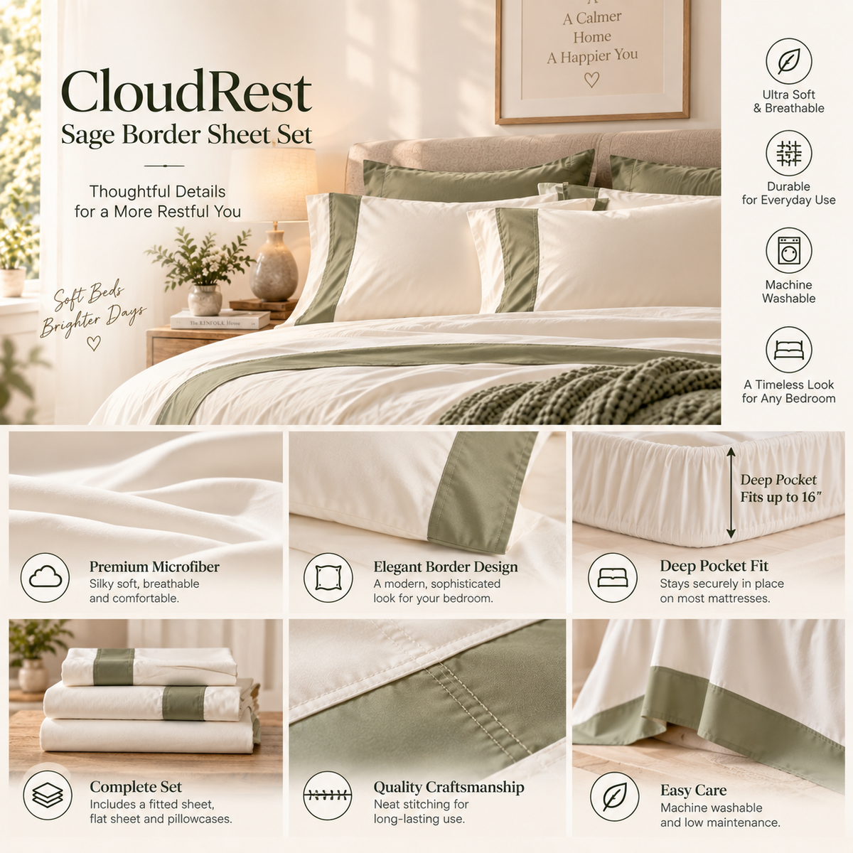 CloudRest Sage Border Sheet Set
