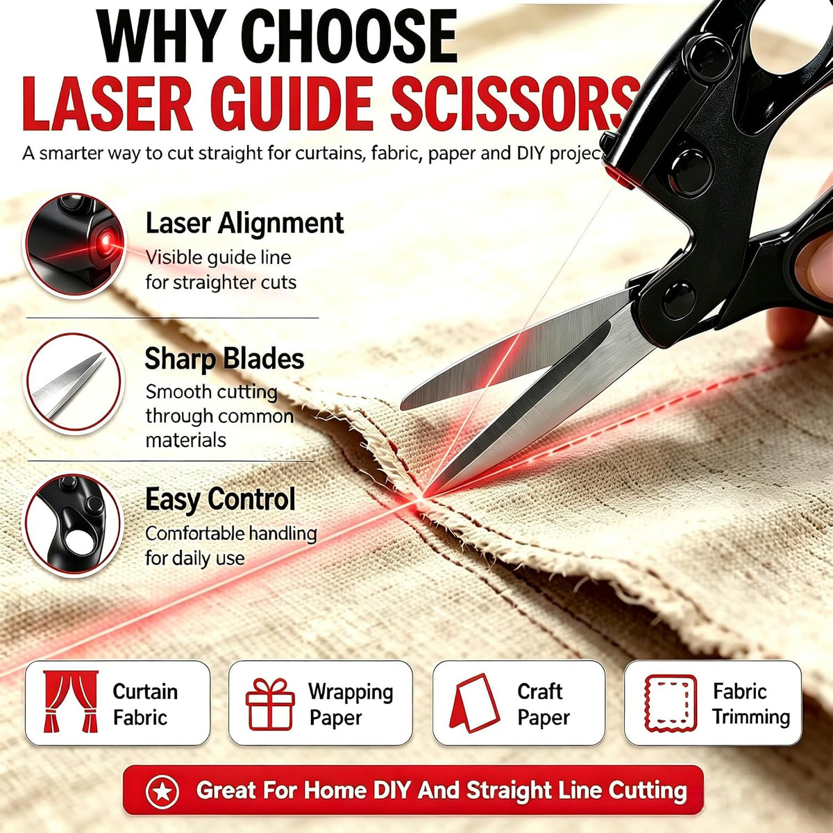 Last Day: 70% OFF! Laser Guided Scissors for Sewing, Crafts & DIY