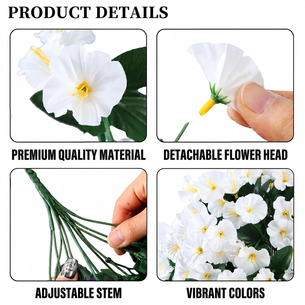 Artificial hanging flower material and features