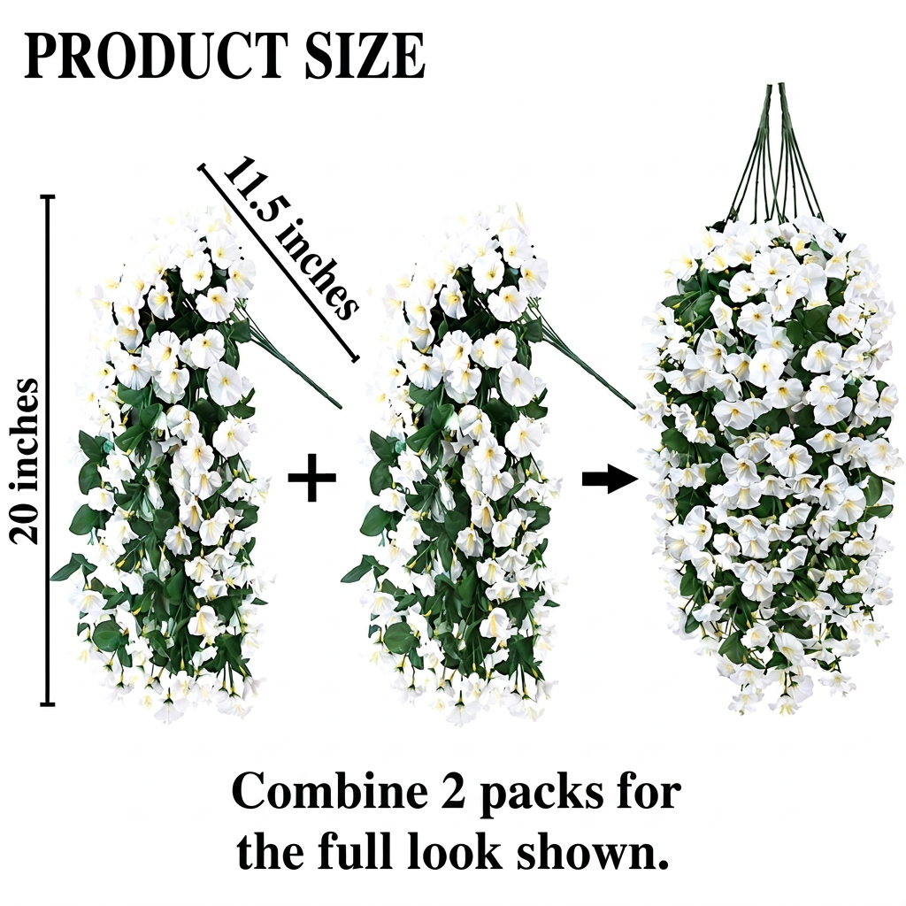 Artificial hanging flower product size: combine 2 packs for the full look shown