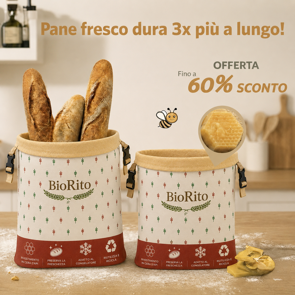 Sacchetti per il pane in cera d'api e 100% cotone — Premium